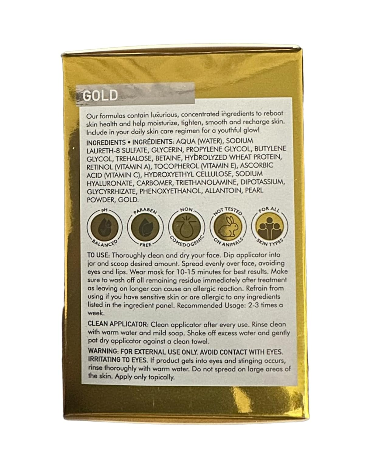 Gold Gel Face Mask With Mask Applicator 1.7 oz back @ www.LVScripts.com
